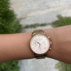 Michael Kors Ritz 37mm Gold Tone Bracelet Pink Dial Chronograph Date Quartz