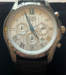 Pulsar PT3399 Mens Chronograph Silver Dial Stainless St Black Leather Band Watch