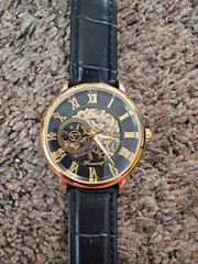 FORSINING Men’s Skeleton Automatic Watch Gold Case Black Leather Roman Dial