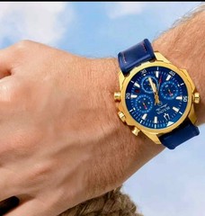 Bulova Marine Star Mens 44mm Quartz Chronograph Date 100m Blue/Gold Silicone