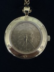 Bellezza Lira Coin Bronze Link Pendant Necklace Watch with Goldtone Face