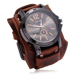 Men Retro Bracelet Watch Band Wide Leather Strap Cuff Vintage Quartz Wristwatchs