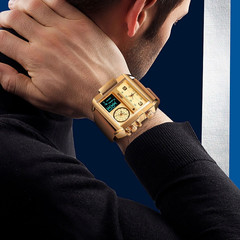 Men’s Triple Sub-Dial Quartz Watch Genuine Leather 3 Timezone Stopwatch Gold
