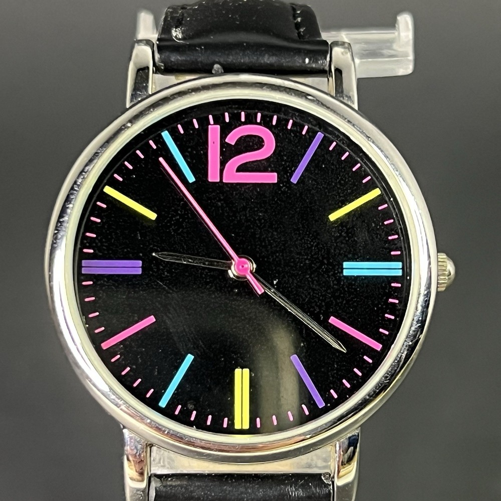 FMD 38mm Silver Case Black FUN Dial Multi Color Stick Indices Pink Second Hand