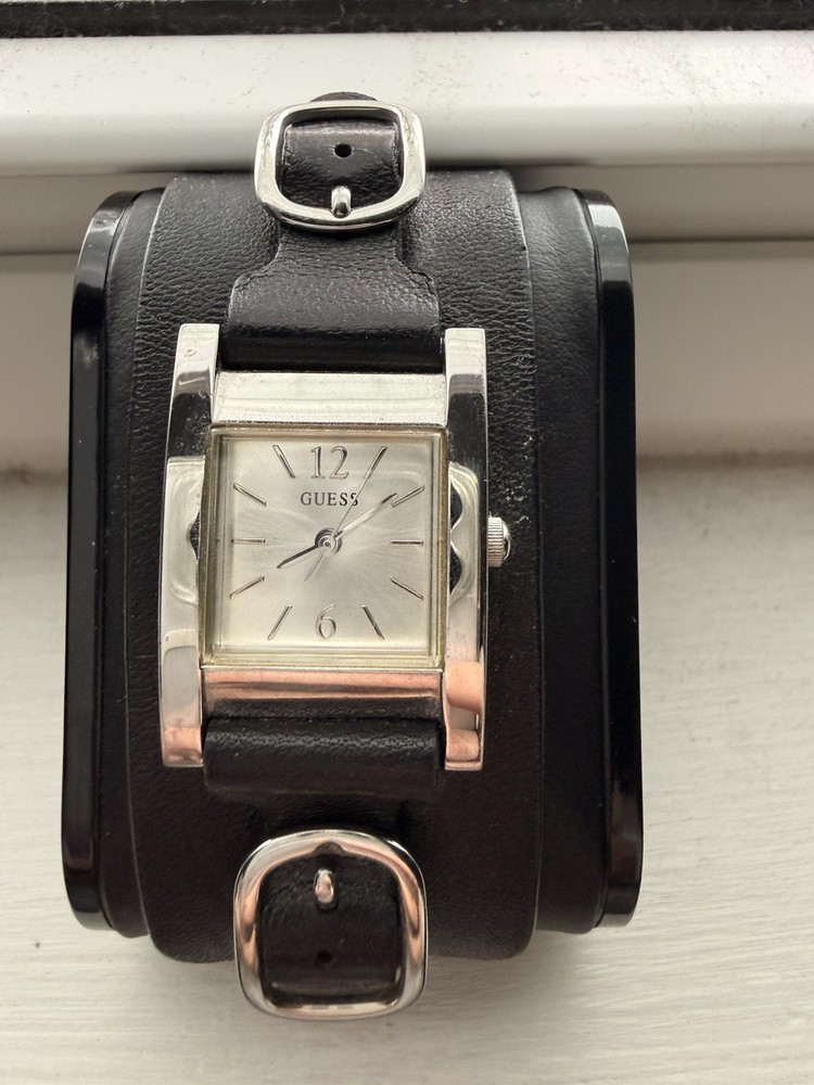 Guess Watch Women G66222L 22mm Silver Tone Bling Black Leather Band