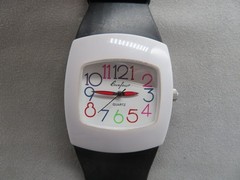 Curfew Quartz Watch Multicolor Numbers, White Bezel, Black Band, New Battery