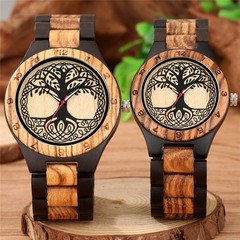 Two-Tone Brown Wooden Watch Men Women Full Wood Tree of Life Arabic Numeral Case