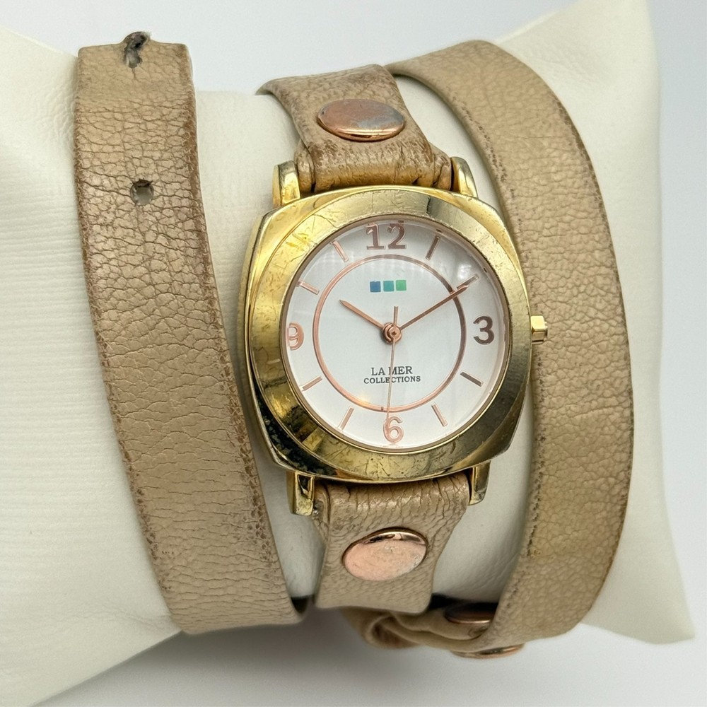 Ladies LA MER Collections Double Wrap Brown/Beige Leather, Gold Tone Watch, Runs