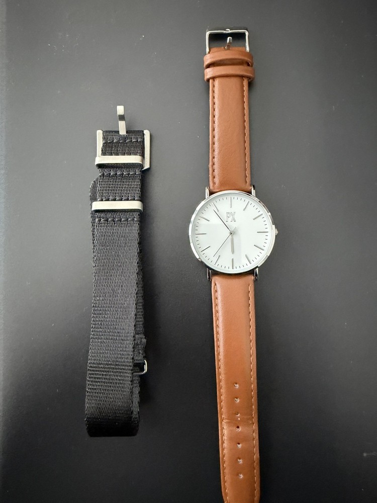PX Men’s Classic Analog Watch w/ Leather Strap Minimalist White Dial + Nylon