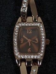 Brown Dial Crystal Accent Rectangle Case Link Bracelet Band Watch Womans 7.25 in