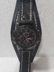 JIN XIN men’s analog wristwatch, black dial, leather bund strap, chronograph