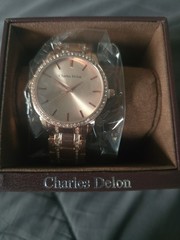 Charles Delon Women’s Rose Gold Crystal Bezel Analog Bracelet Watch w/ Box
