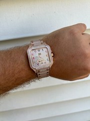 14k Rose Gold Plated & Stainless Steel Real Mens Watch CZ Hip Hop Arabic Dial