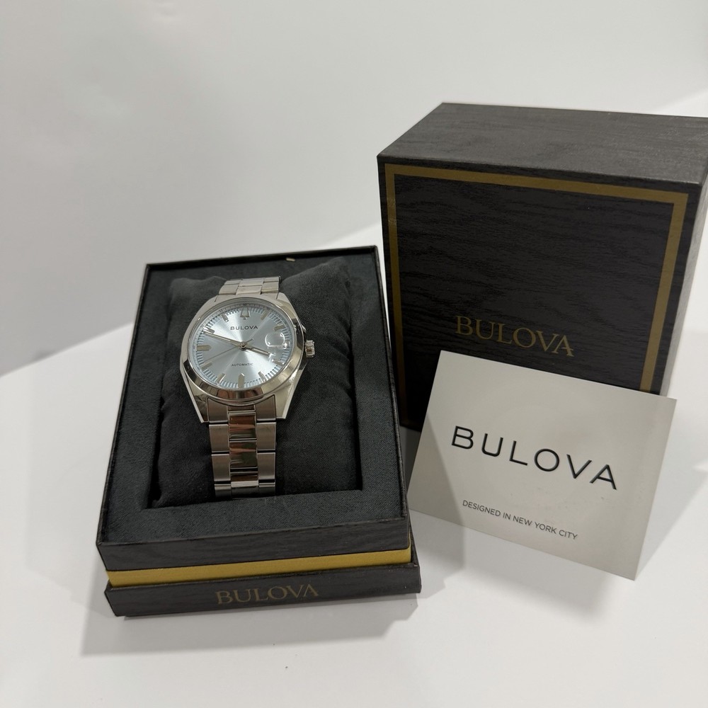 Bulova Automatic Light Blue Dial Stainless Steel Bracelet Date Watch w/ Box