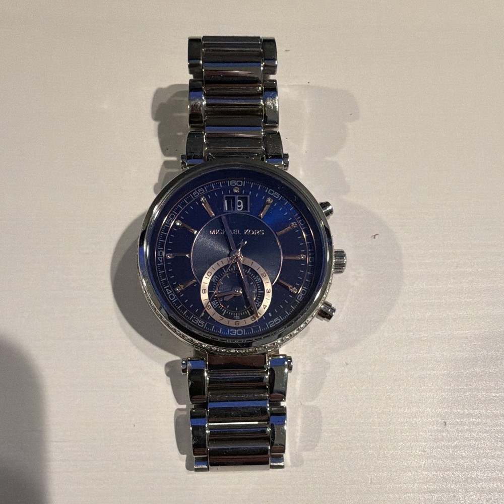 Michael Kors Stainless Steel Silver Bracelet Blue Dial Chronograph Quartz 38mm