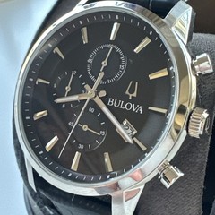 Bulova Mens Classic Quartz Chronograph Calendar Black Leather Watch 41 MM 96B403