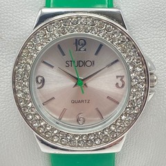Studio Time Womens Watch 31mm Silver Tone Spring Green Crystals Cuff New Battery