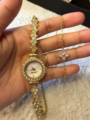 Women’s Quartz Gold Tone Gem-Set Bezel Bracelet Watch White Dial Analog