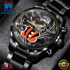 Custom Name Cincinnati Football Team Bengalss Men Black Stainless Steel Watch