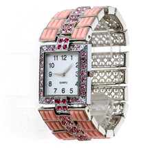Women’s Silver Finish Analog Wristwatch Pink Rhinestone Stretchable Band Watch