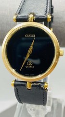 Vintage 1980s GUCCI Stack Gold Enamel Black Dial watch runs Women’s Leather