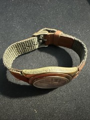 Wilson Embossed 3D Brass Tone Quartz Watch Brown Leather & Green Nylon Band Read