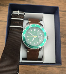 Nautis Dive Pro 200 Watch w Date 45 mm Green Bezel Dial Leather + AM Nylon Strap