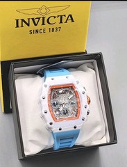 Invicta Chronograph Date Tonneau Watch White Case Orange Bezel Blue Strap Box