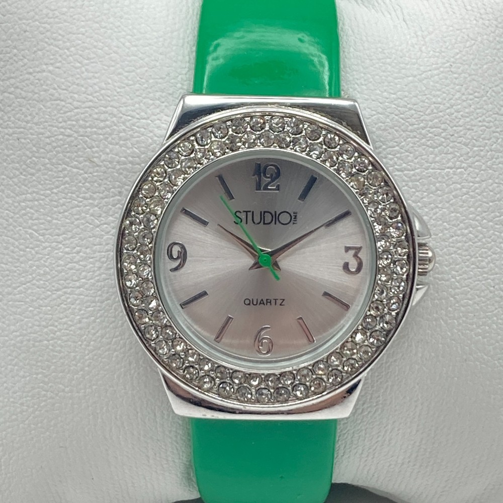Studio Time Womens Watch 31mm Silver Tone Spring Green Crystals Cuff New Battery