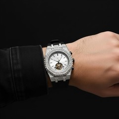 Men’s 43mm Iced Out Octagonal Watch, Silicone Band, Stylish & Durable Timepiece