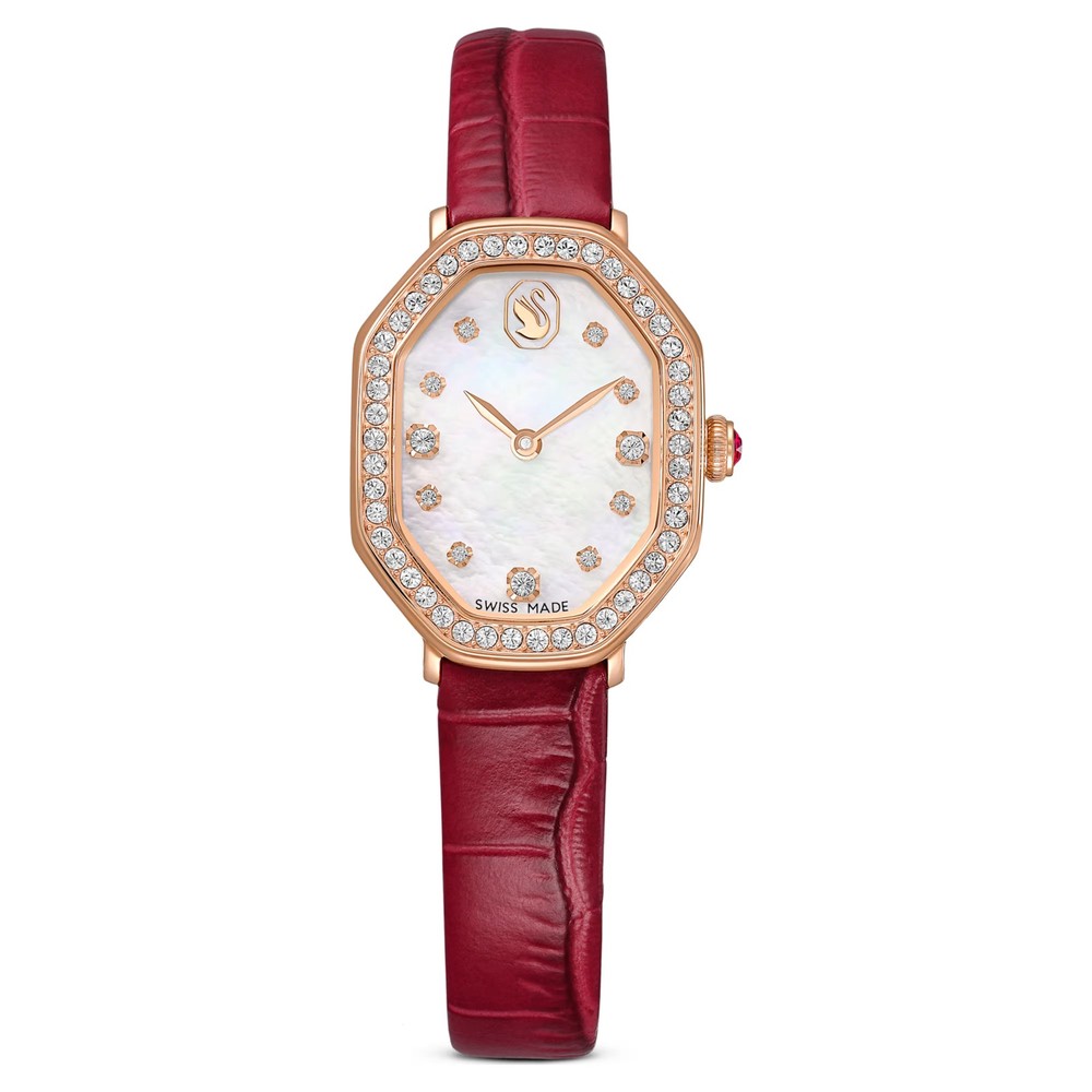 Swarovski Dextera Octagon Watch, Leather Strap, Red, Rose Gold Tone 5730373