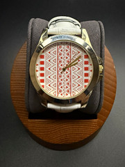 Accutime Unisex Watch White Leather Strap Red/White Geometric Dial Gold Case