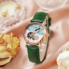 Women’s Moon Phase Automatic Watch – Rose Gold Skeleton Pearl Dial Leather 34mm
