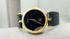 Vintage 1980s GUCCI Stack Gold Enamel Black Dial watch runs Women’s Leather