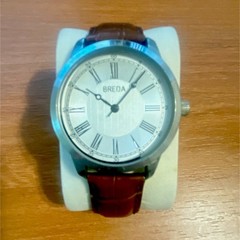 BREDA 1657B Quartz Analog Watch White Roman Dial Silver Case Brown Leather