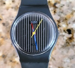 Swatch Watch Miss Pinstripe Miss Channel LA100 1984 Swiss Gray Tested New Batt