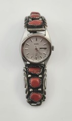 Navajo Sterling Silver Coral Cuff Seiko Quartz Flex Watch D.A. Jim Native – 6″